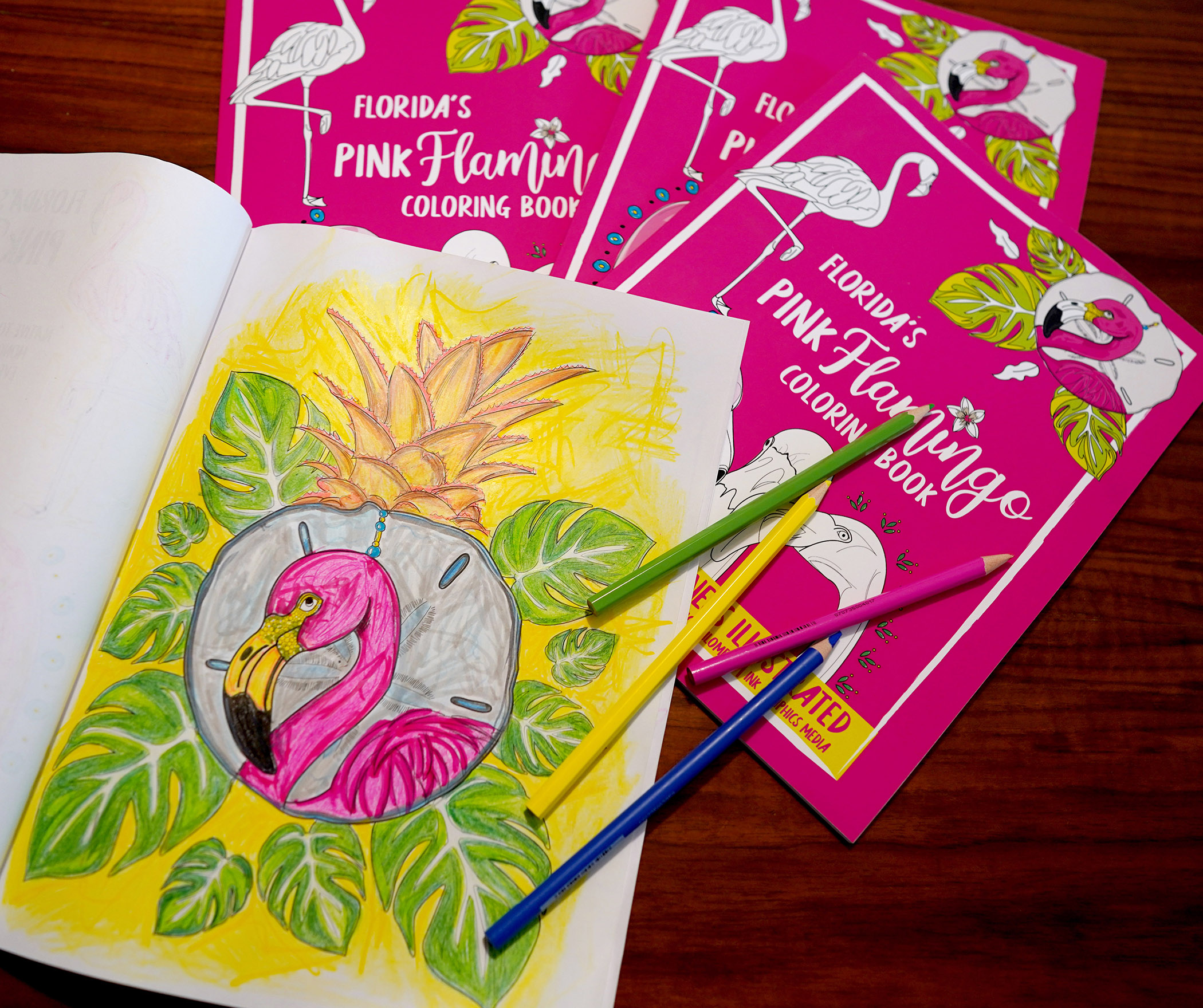 Colorful pink flamingo artwork inspired by Florida's tropical lifestyle.